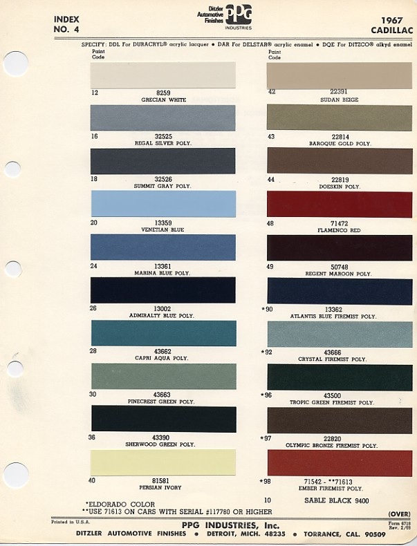 1967 Cadillac Paint Color Chart